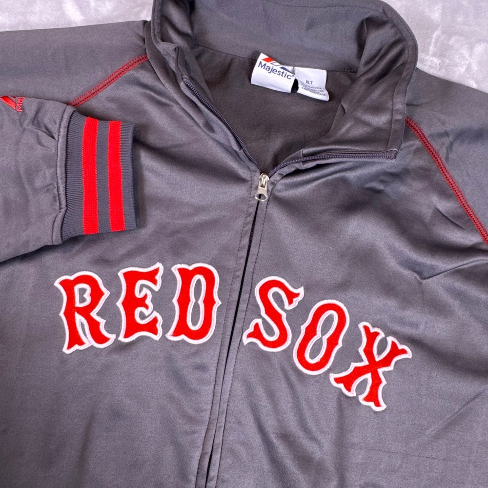 Majestic MLB Boston Red Sox Track Jacket Gray Red Full Zip Mens XLT NEW